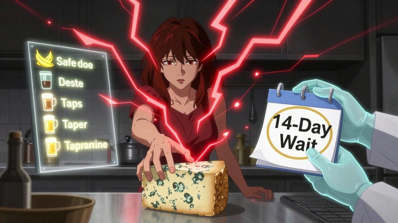 A woman freezes reaching for aged cheese as tyramine molecules explode in crimson lightning, with safe foods fading beside her.