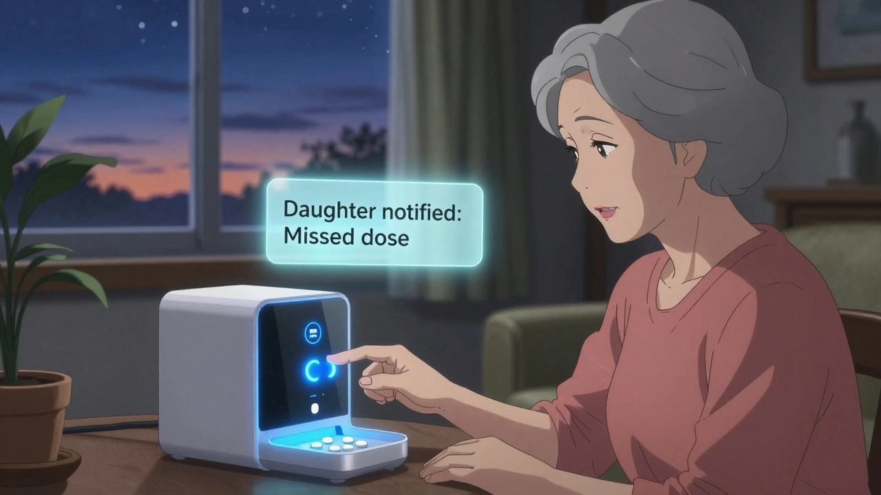 An elderly woman using a smart pill dispenser with glowing notifications as twilight shines through the window.