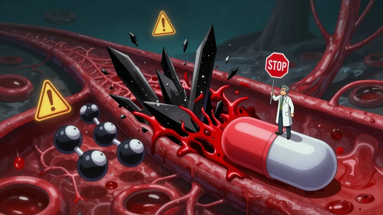 Caffeine shards attacking warfarin molecules in blood vessels, pharmacist raising stop sign.