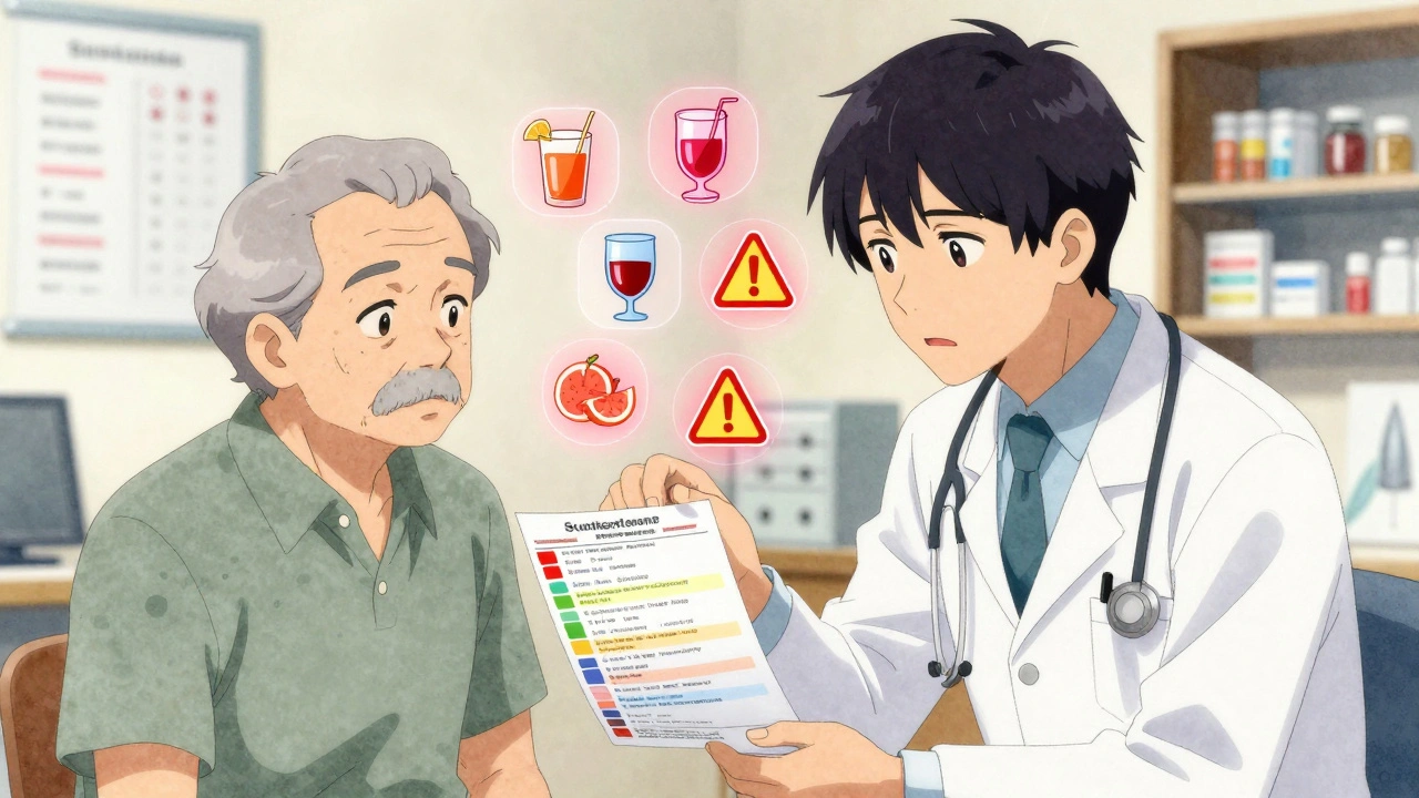 Caregiver and senior reviewing medication list with doctor, floating drug interaction warnings visible.