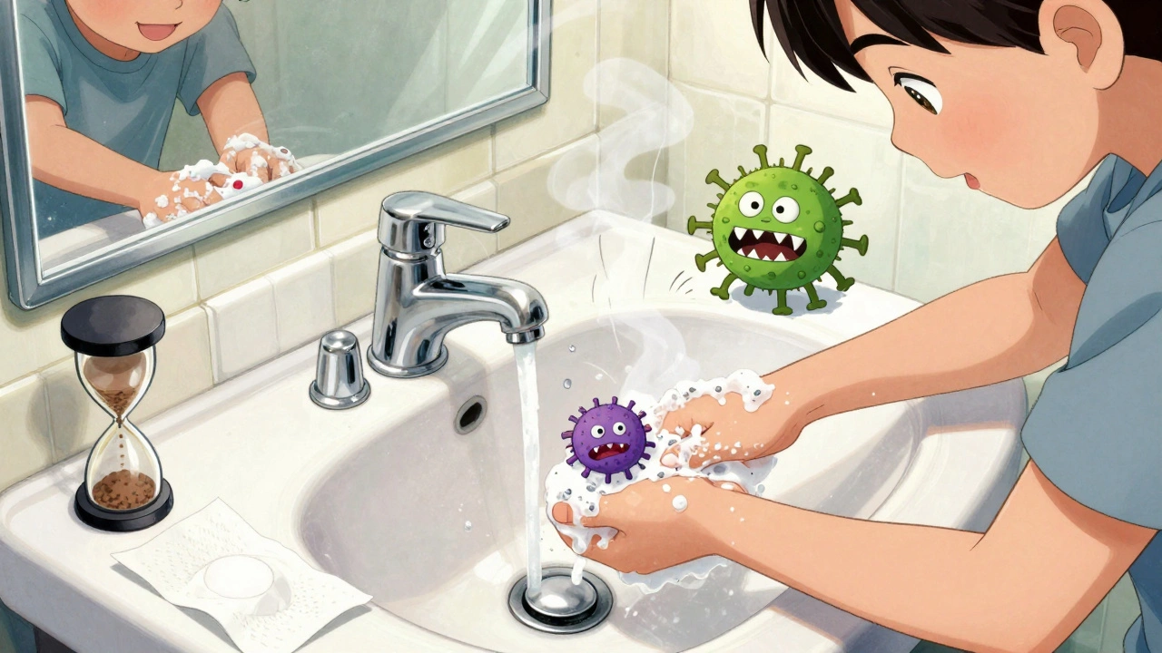 Child’s hands scrubbing away cartoonish germs under running water, sand timer visible, paper towel ready on counter.