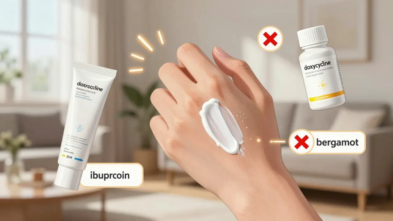 Close-up of hand applying zinc oxide sunscreen with medication bottles and citrus oils marked with X symbols.