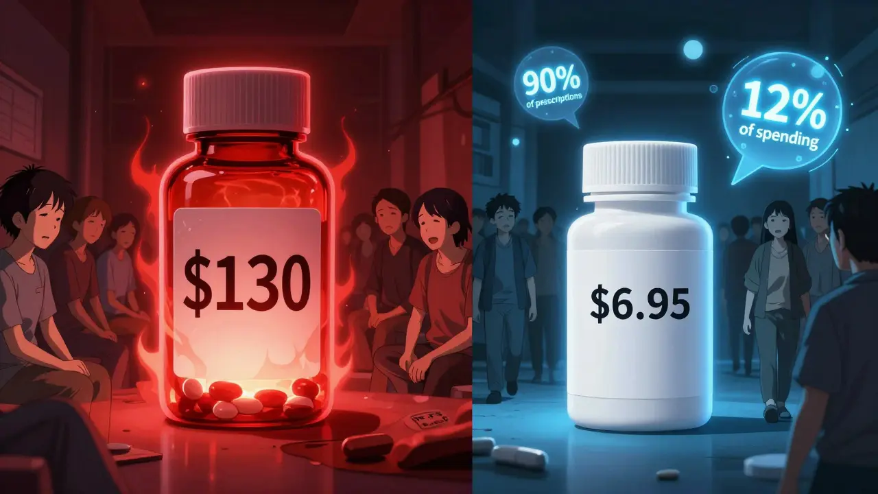 Contrasting towering expensive brand-name drug with small affordable generic pill, surrounded by relieved people.