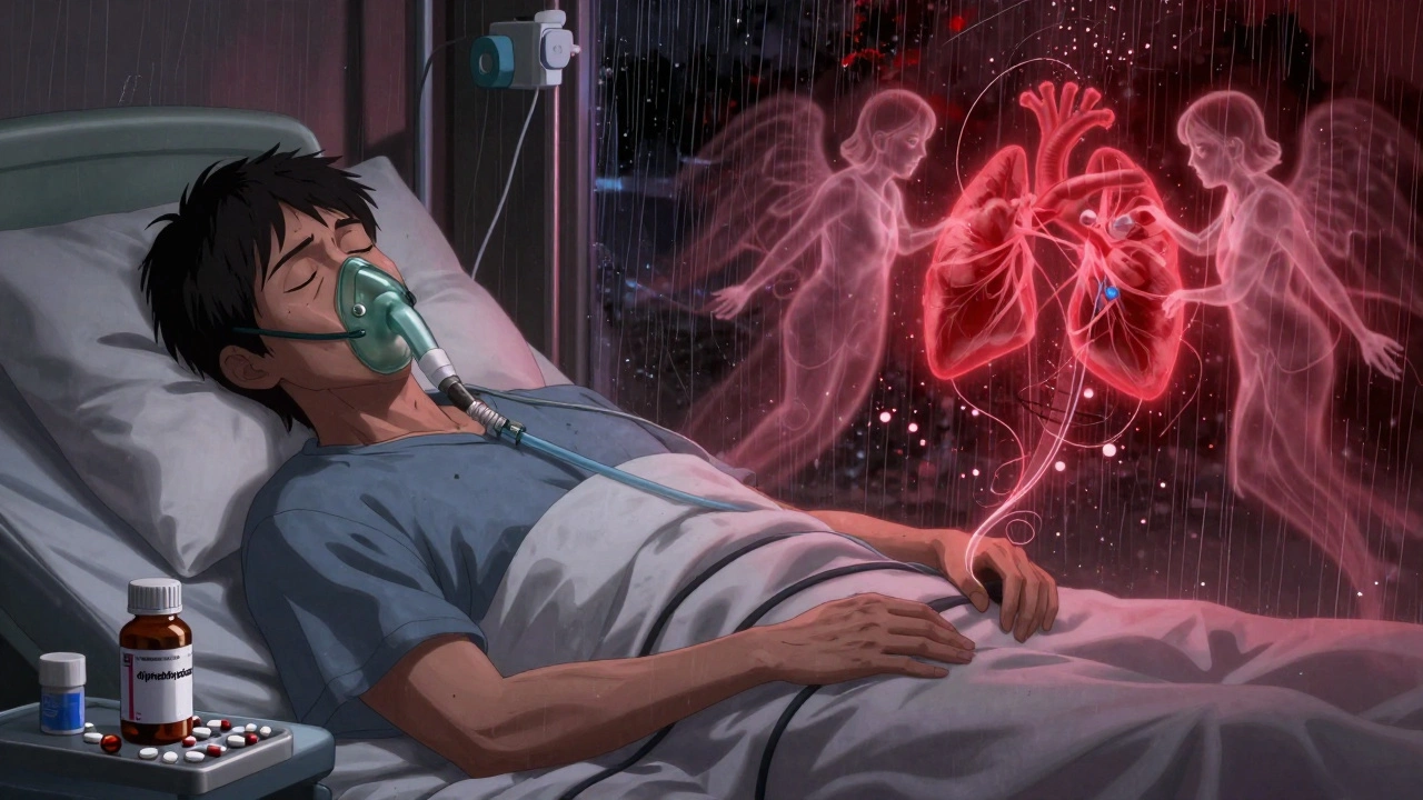 COPD patient in bed and ER with ghostly drug figures floating above, symbolizing safe vs. risky meds.