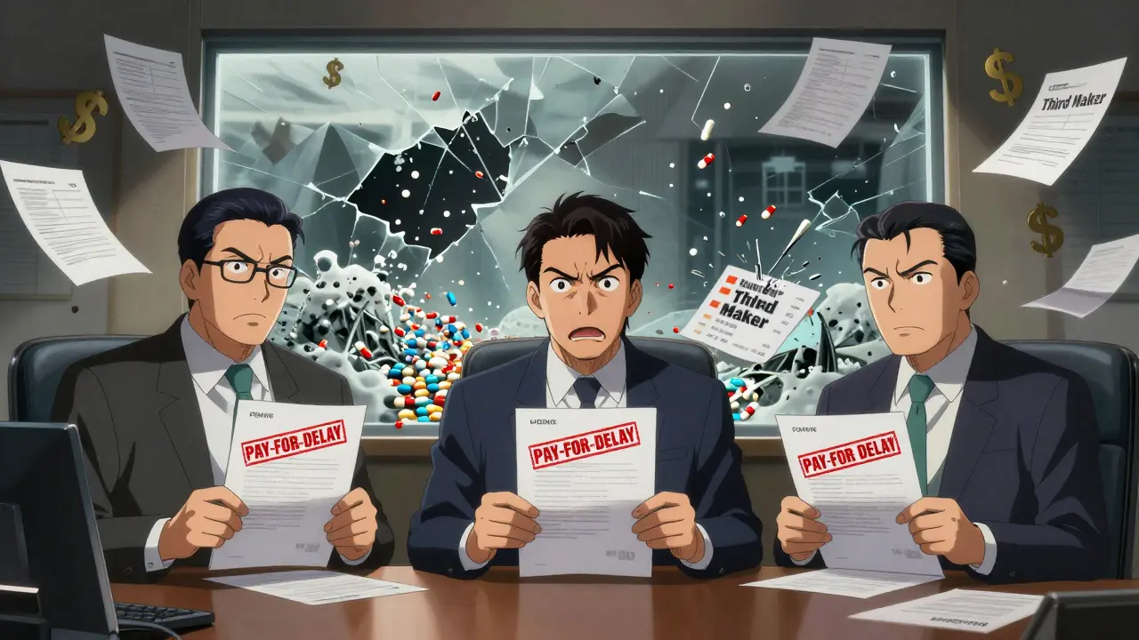Corporate executives holding pay-for-delay contracts as generic pills flood through a window, breaking a price chart.