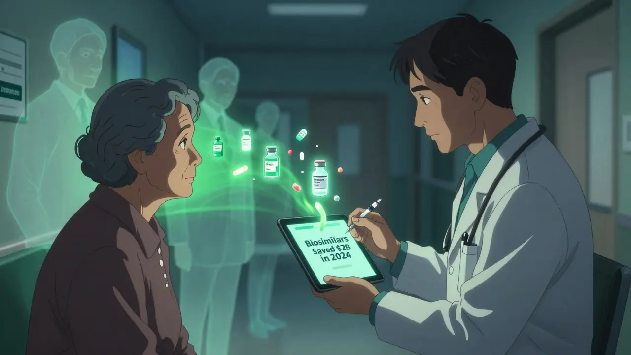 Doctor giving biosimilar injection to elderly patient in hospital, with glowing data showing massive savings.