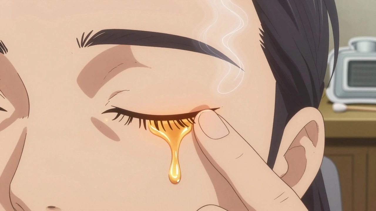 Fingertip massaging eyelid as golden oil droplets emerge from lash line.