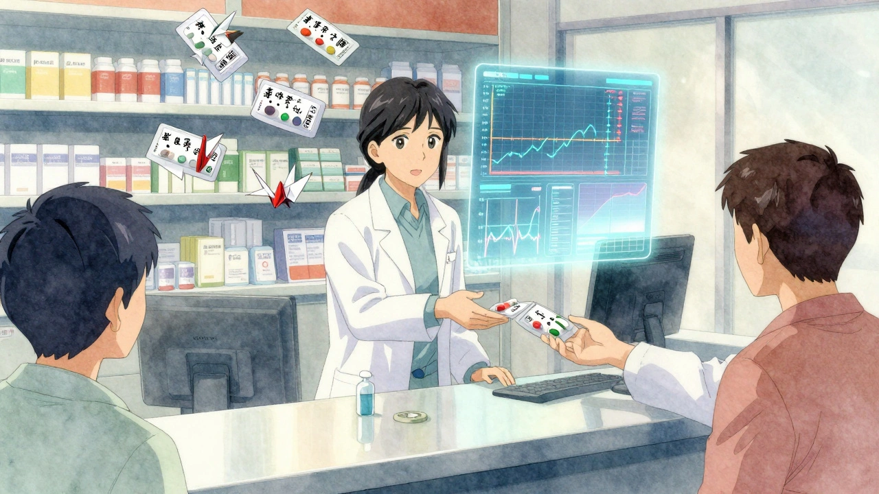 Floating blister packs drift like origami cranes beside a pharmacist, with holographic health data in the background.