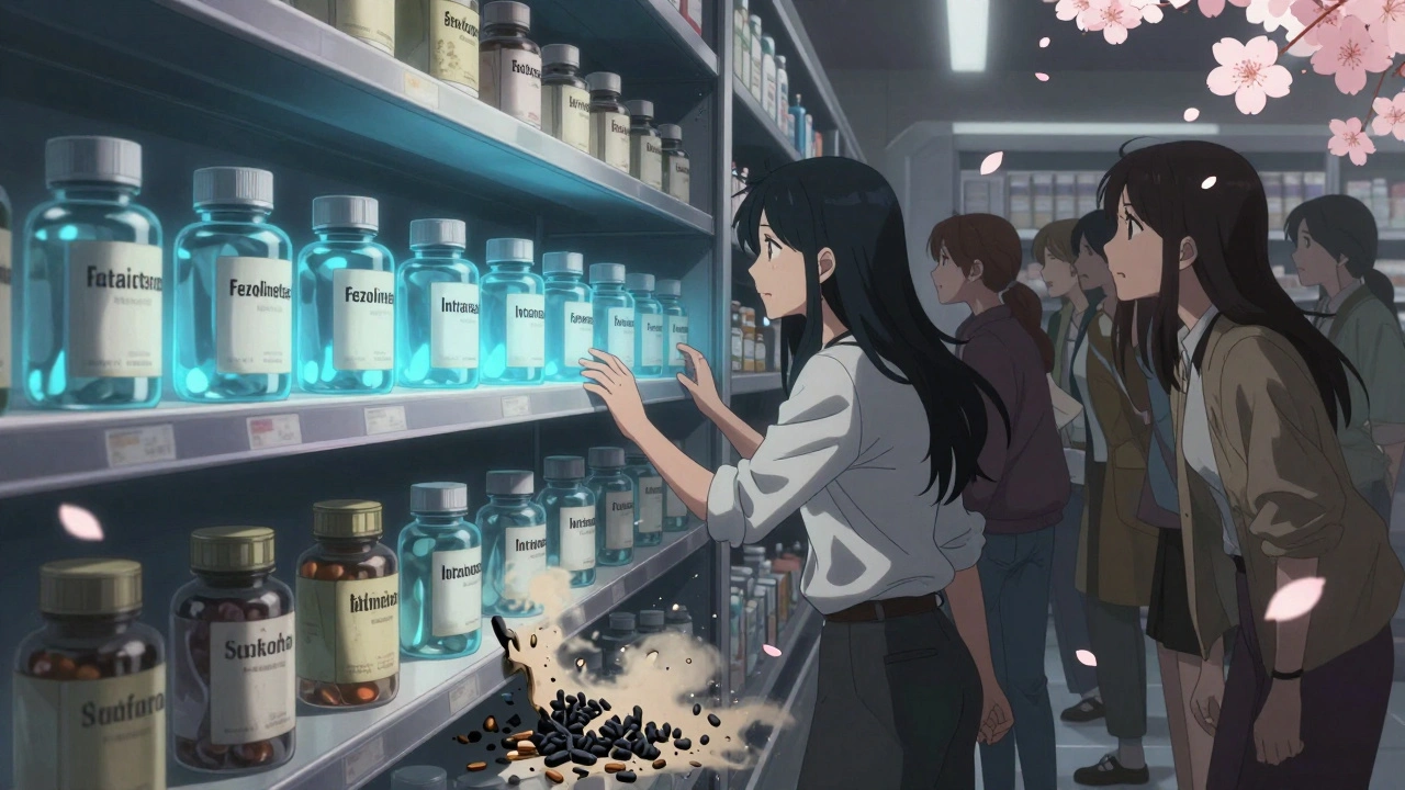 Futuristic menopause treatments glowing on a shelf, outdated supplements crumbling, anime style.