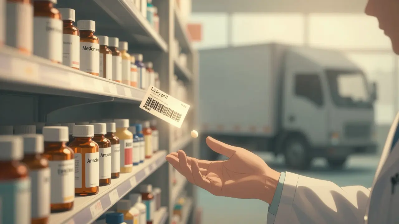 Generic pill bottles materialize on a pharmacy shelf as contract fragments dissolve into light, a pharmacist reaches out.