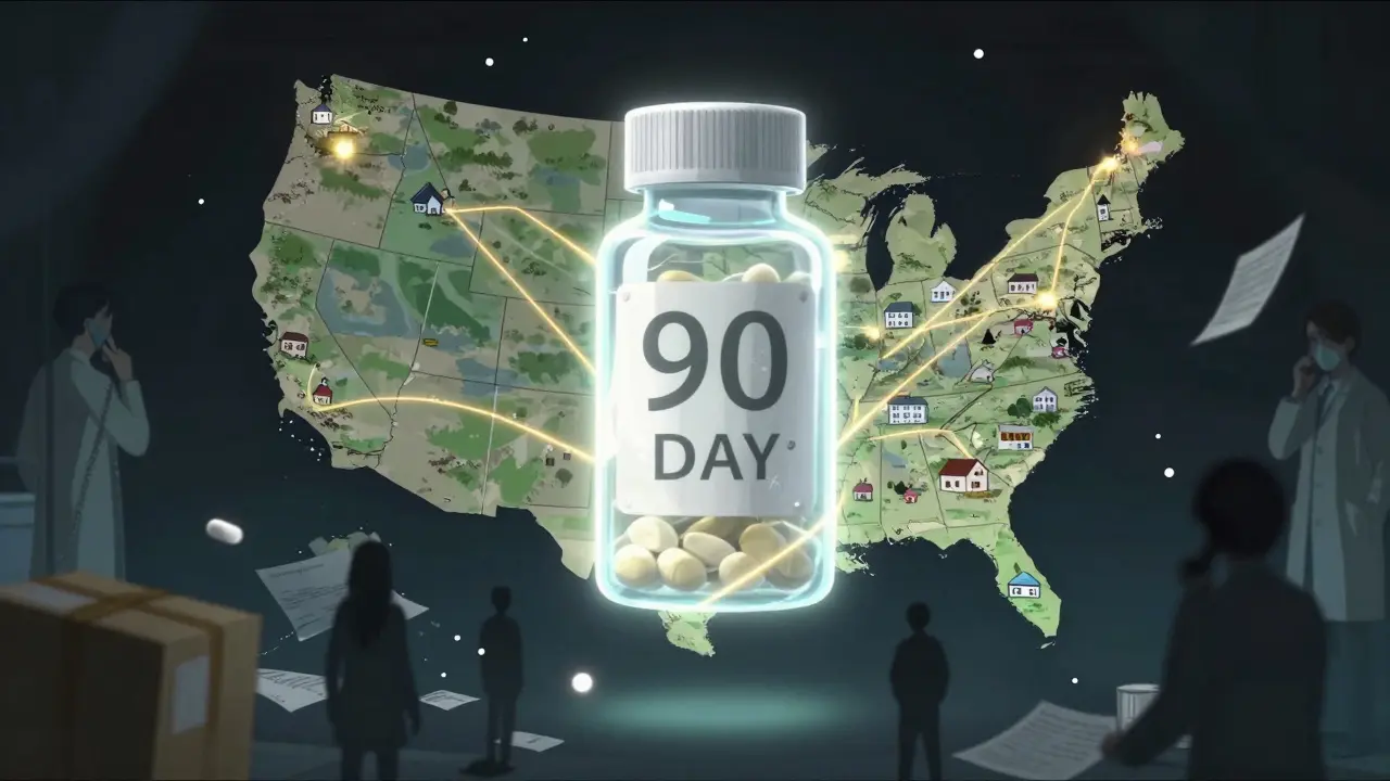Glowing pill bottle connected by golden threads to homes across the U.S., with shadowy delivery issues below.