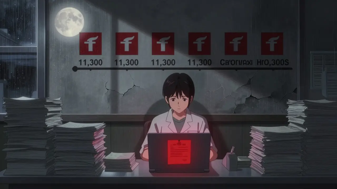 Independent pharmacist overwhelmed by paperwork and clawback notices under moonlight, surrounded by closed pharmacy icons.