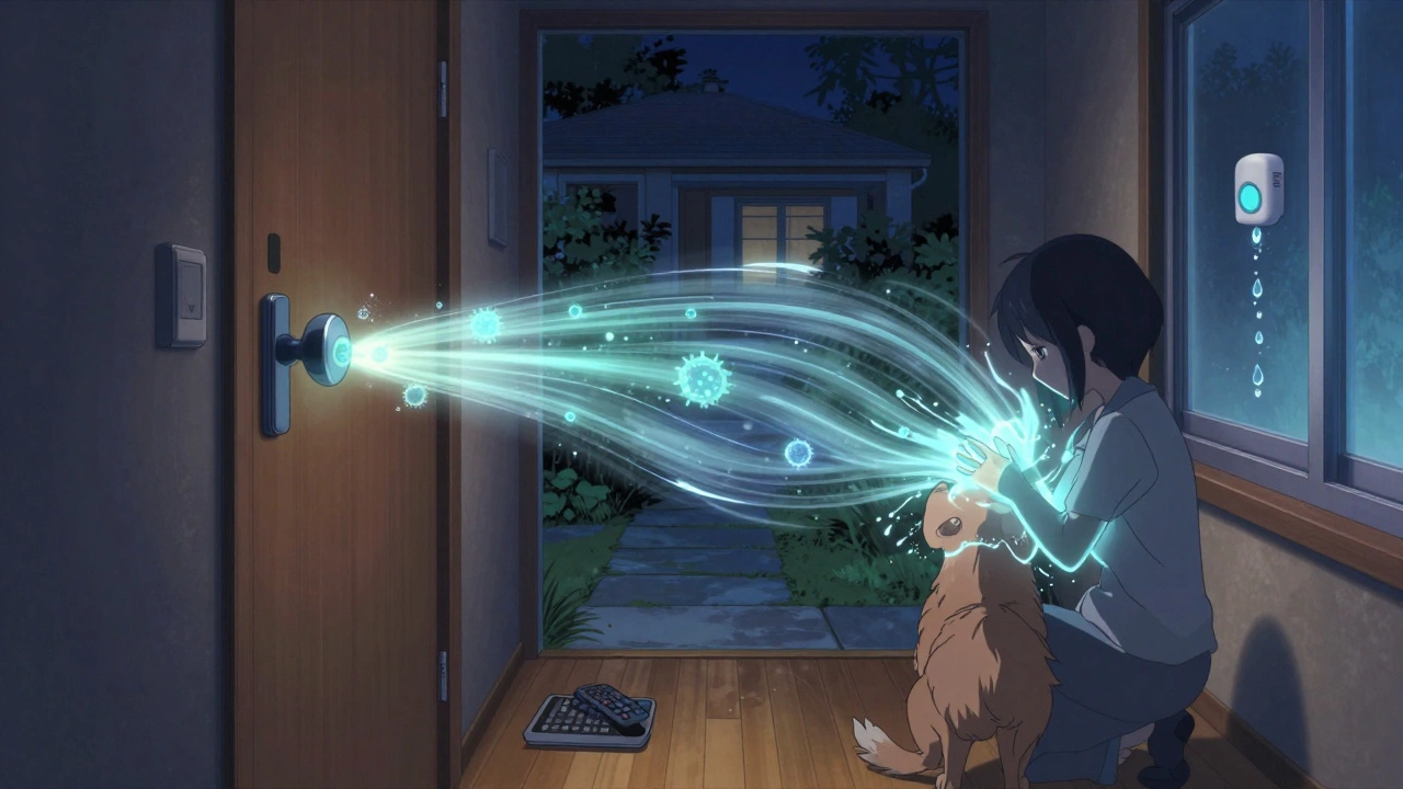 Invisible germs spreading through a home, suddenly stopped by a glowing handwashing ritual at night, tippy-tap in background.