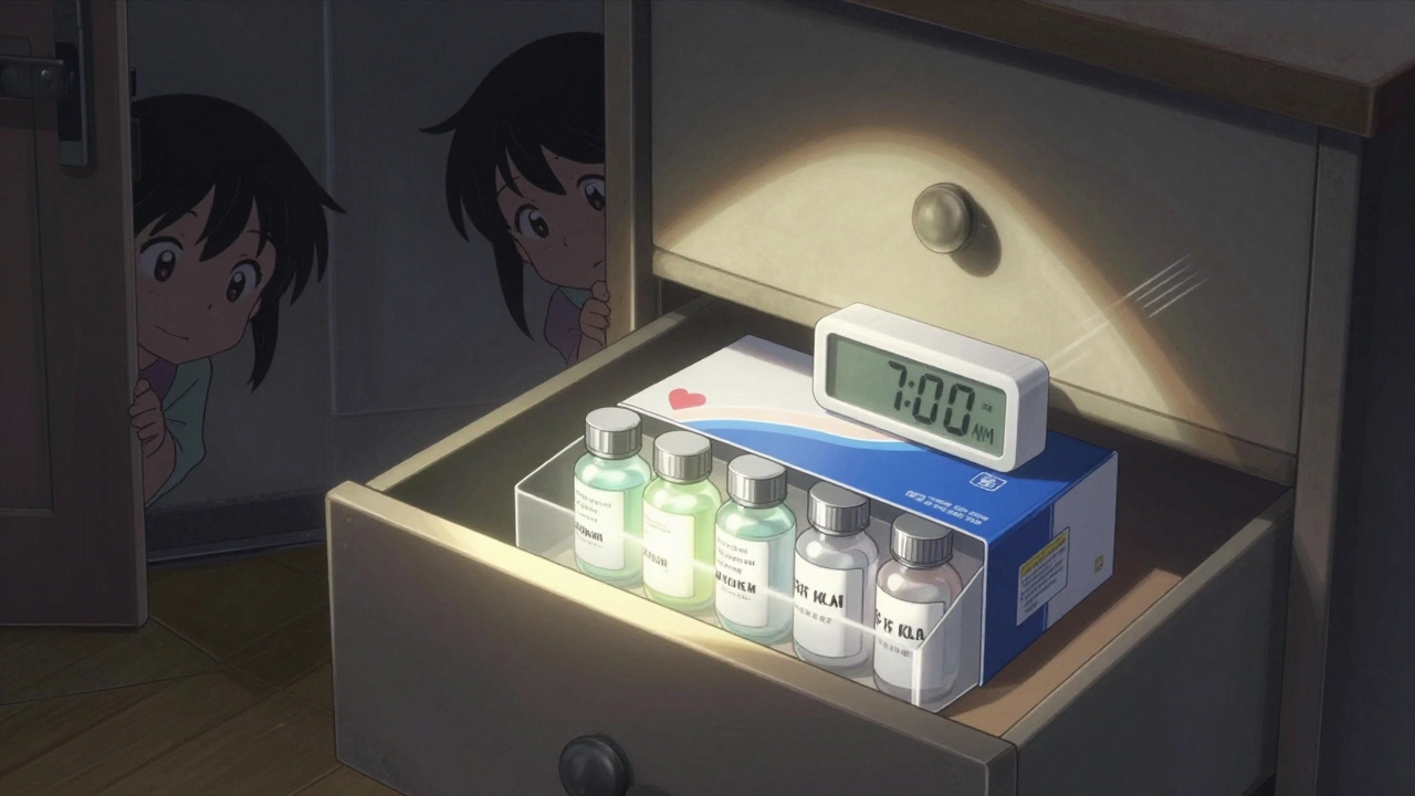 Locked medication box in bedroom drawer, moonlight shining on labeled bottles, curious children outside.