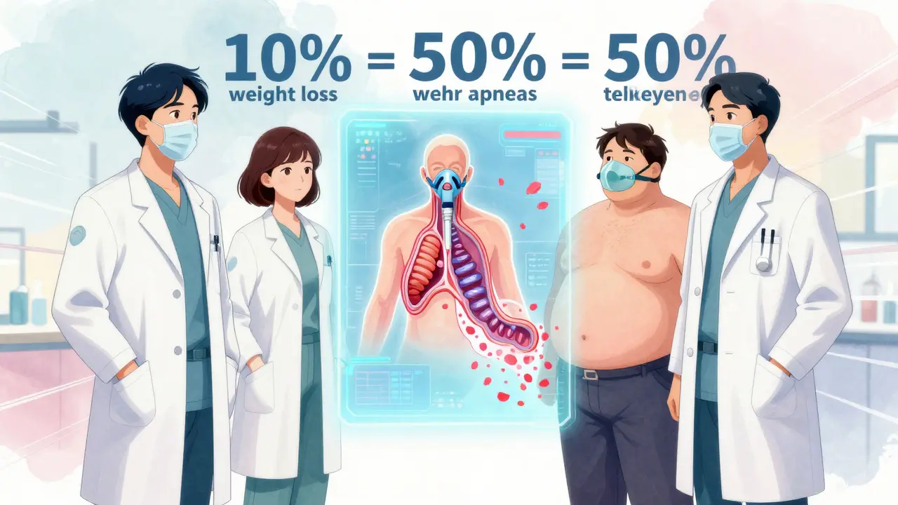 Medical team watching a hologram of airway improving with weight loss, manga style.