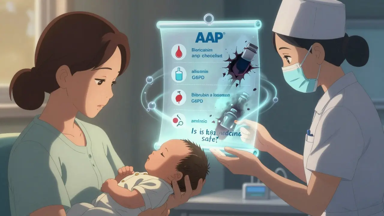 Mother asking if medication is safe while protective checklist glows around them in soft light.