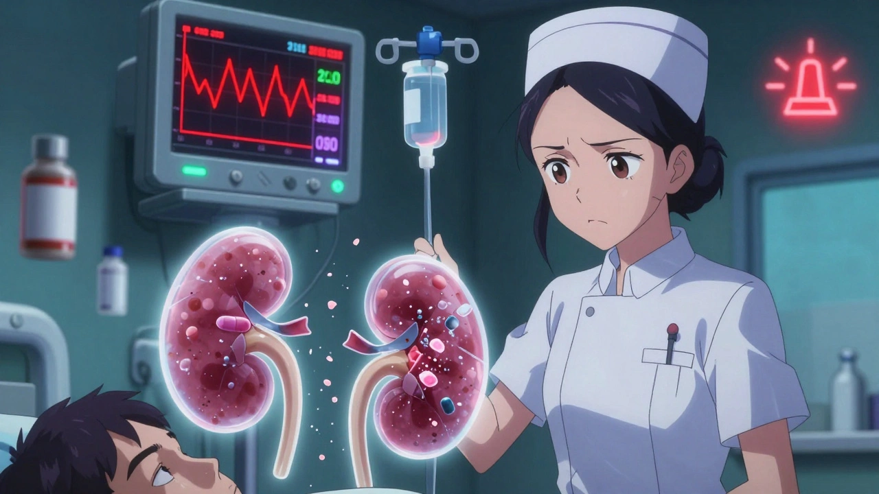 Nurse watching a monitor with rising creatinine levels as crystalline drug particles clog translucent kidney tubules.