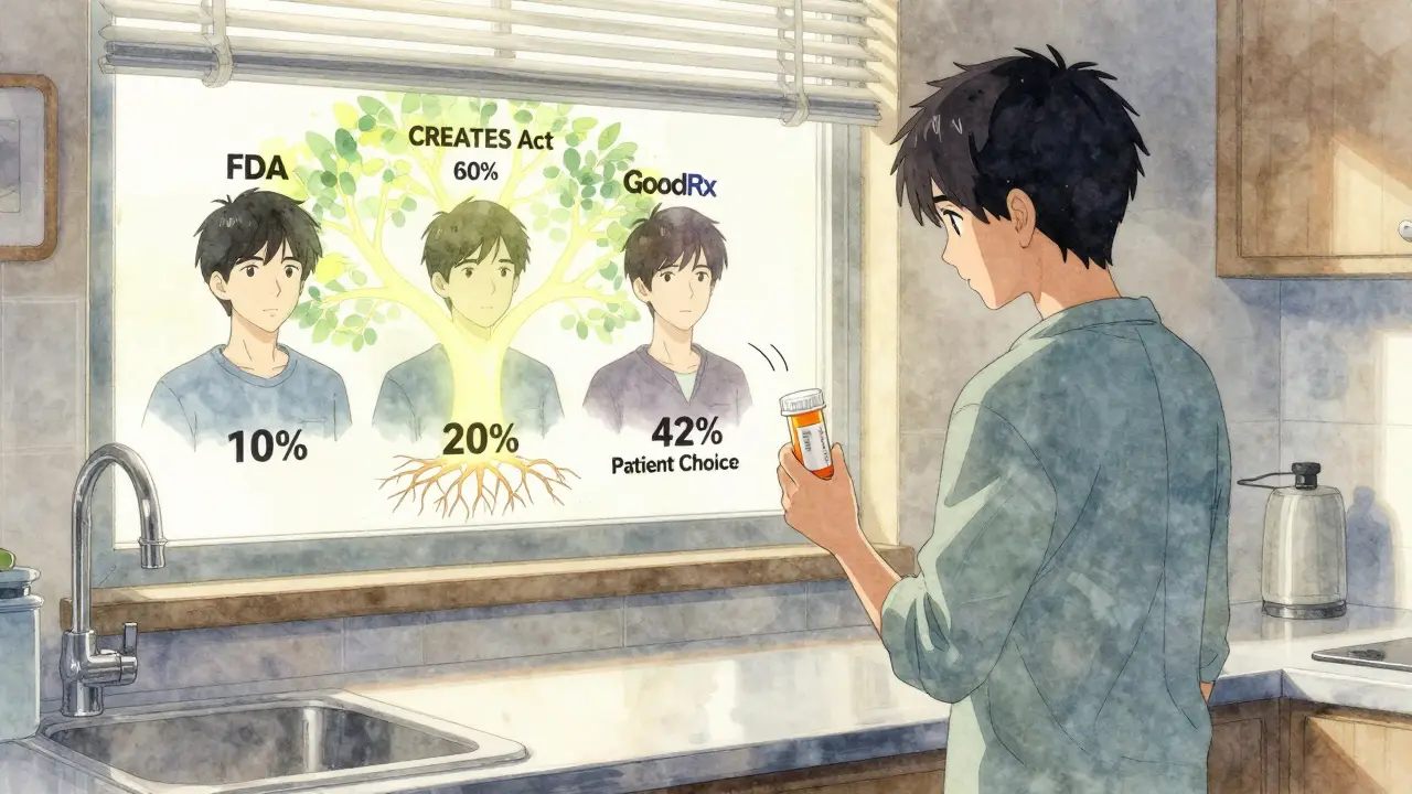 Patient holding prescription bottle, reflection shows multiple generic options with low price tags, competition tree behind.