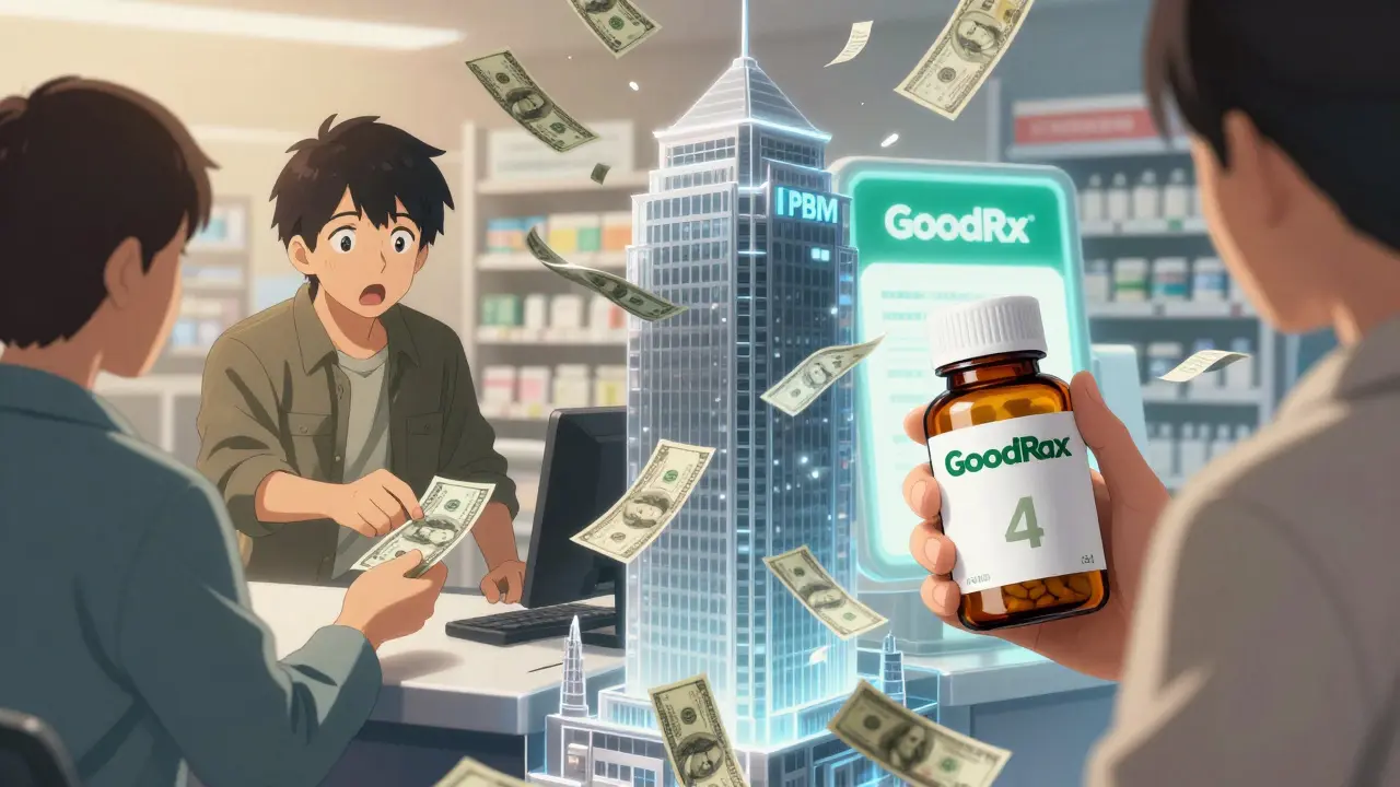 Patient paying  with insurance vs. cash buyer paying  for the same generic drug, with PBM tower looming.