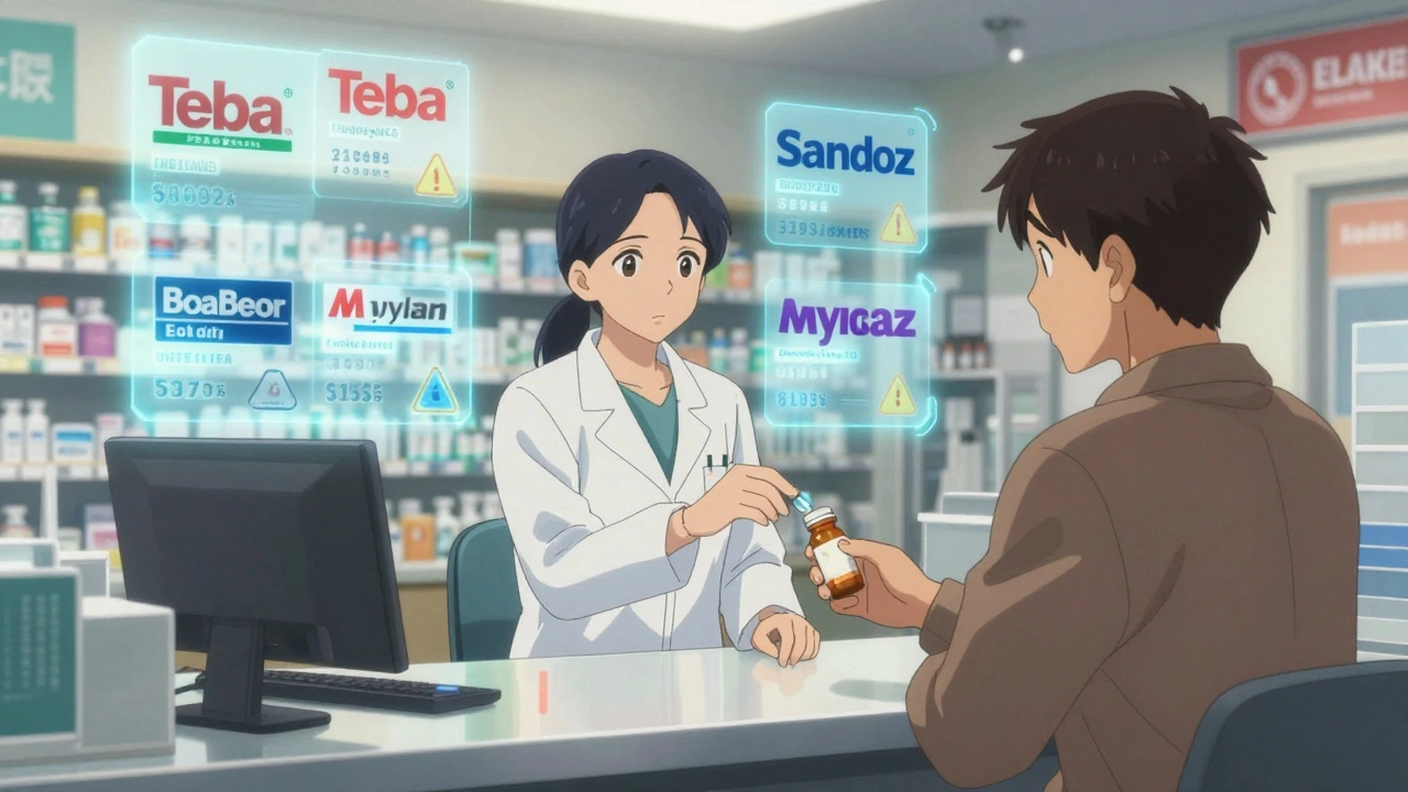 Pharmacist giving a generic pill to a patient while competing brand ghosts hover nearby
