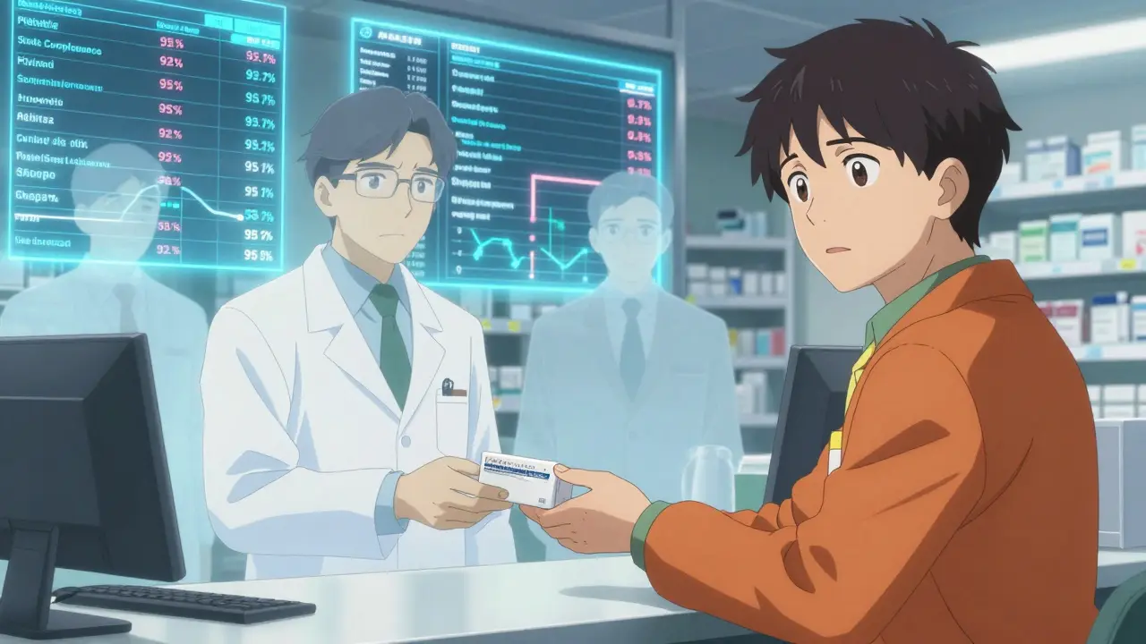 Pharmacist handing generic medication to skeptical worker amid glowing compliance data.