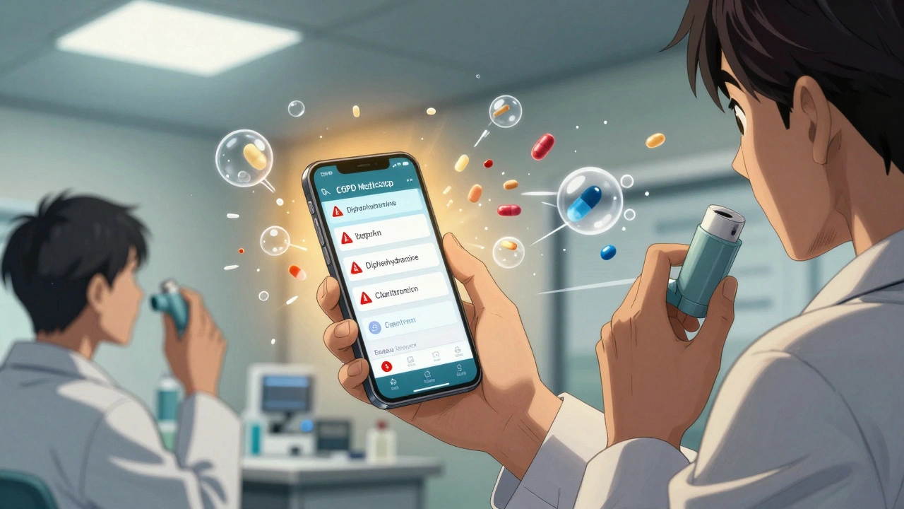 Pharmacist showing a smartphone app with red warning flags for dangerous drug interactions.