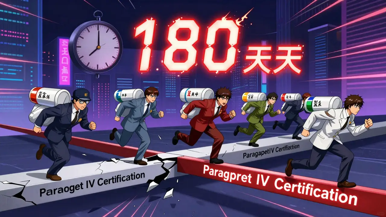 Six generic drug companies race across a timeline, leaping over legal barriers under a glowing 180-day exclusivity clock.