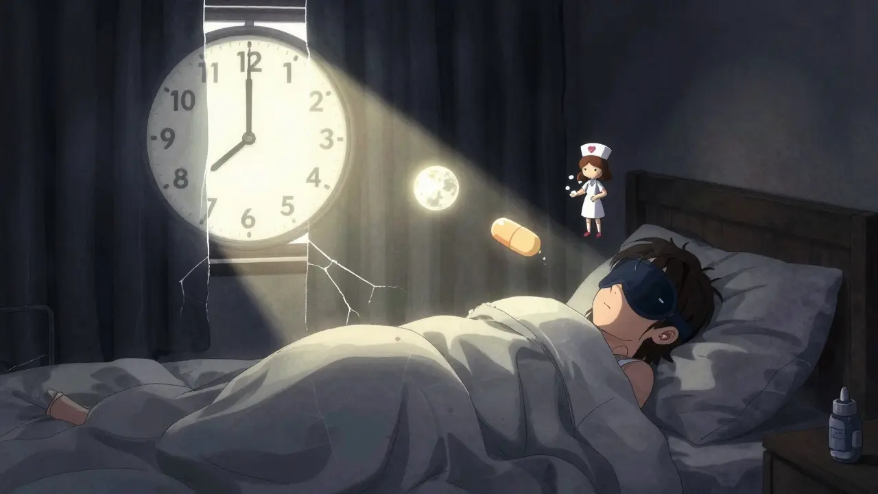 Someone sleeping in a dark room during daytime, with floating symbols of melatonin, a clock, and a nap pod.