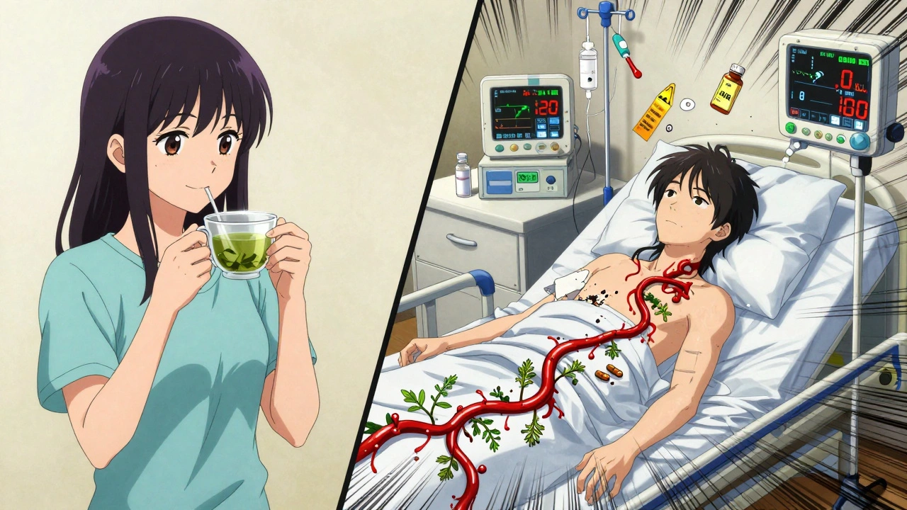 Split scene: calm person taking supplements vs. same person collapsing in hospital with critical INR alerts.