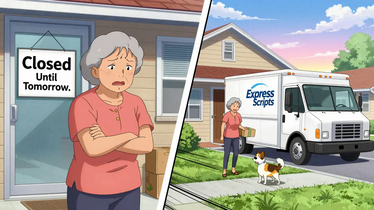 Split scene: woman at closed pharmacy vs. receiving mail-order meds at home.