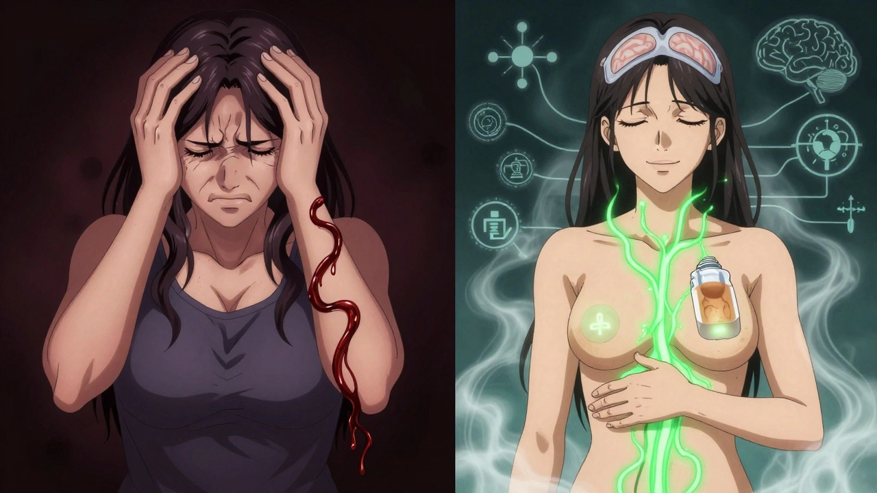 Split scene: woman suffering from oral HRT side effects vs. relieved with transdermal patch, anime style.