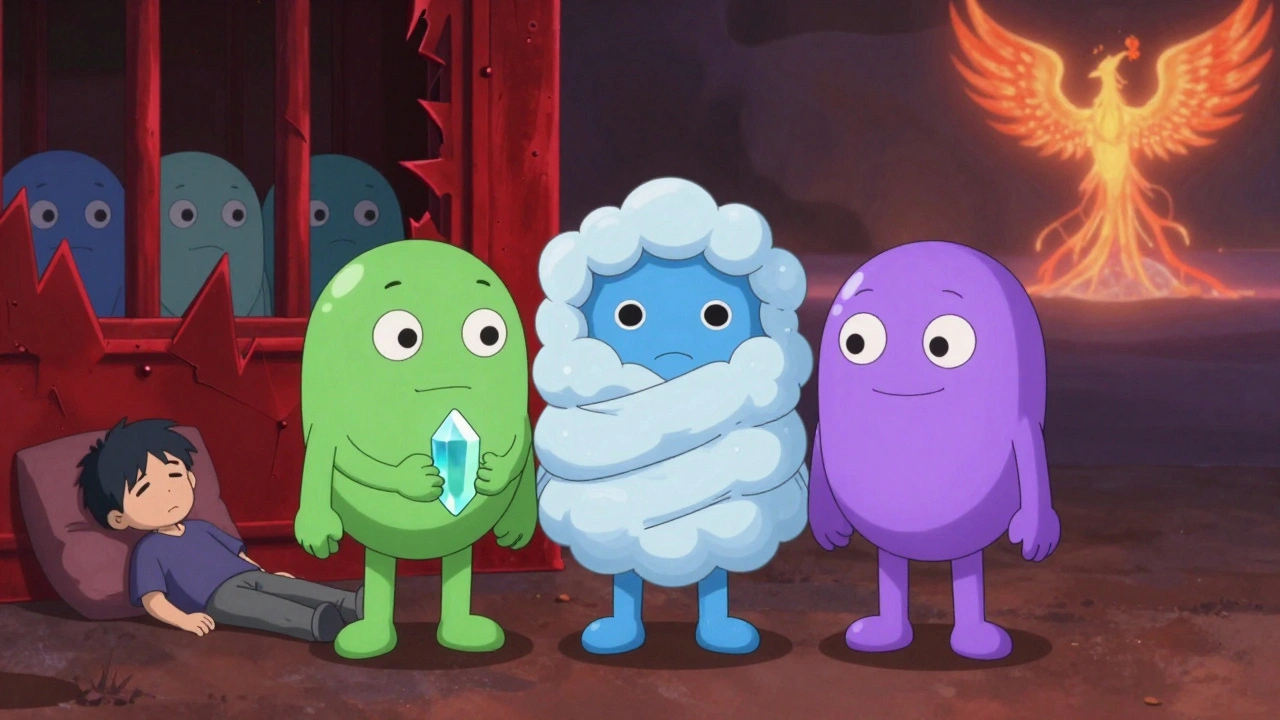 Three safe antidepressants stand calmly beside a patient, while dangerous drugs are locked behind red bars, with a glowing ketamine-MAOI fusion in the distance.