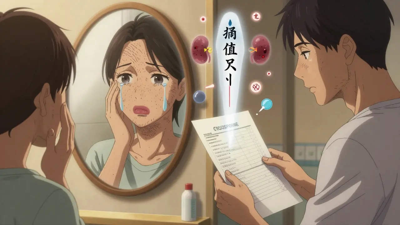 Two patients side by side: one with facial hair and swollen gums, the other with tremors and floating medical data, symbolizing drug side effects.