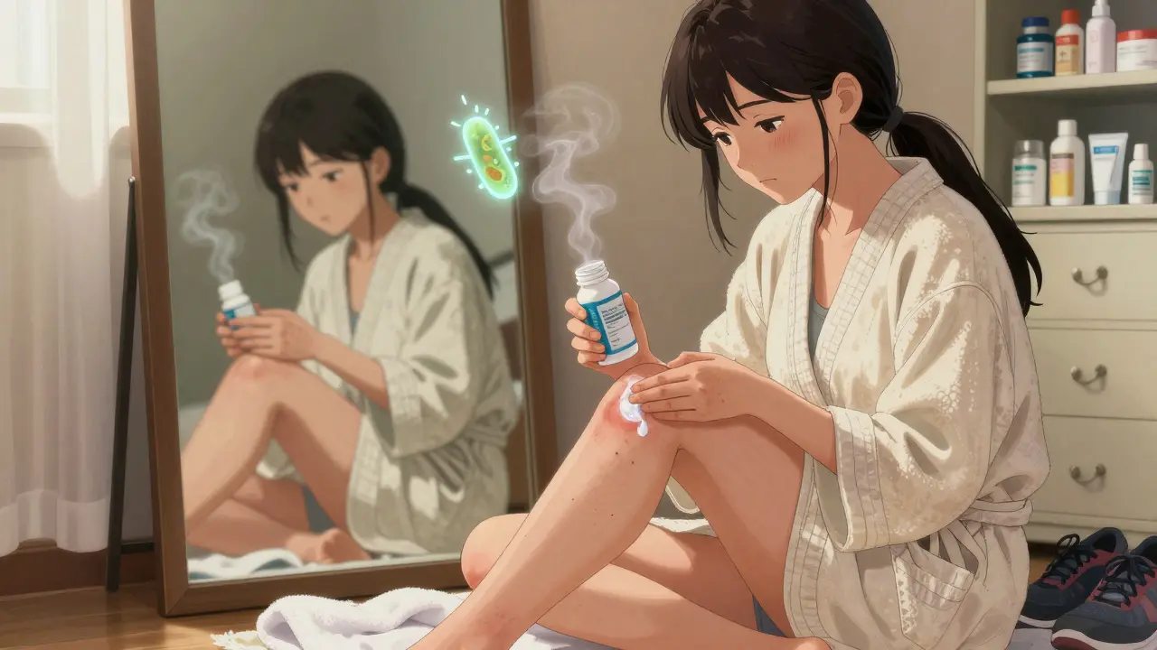 Woman applying antifungal cream while holding probiotic supplement, reflection shows glowing bacteria symbol.