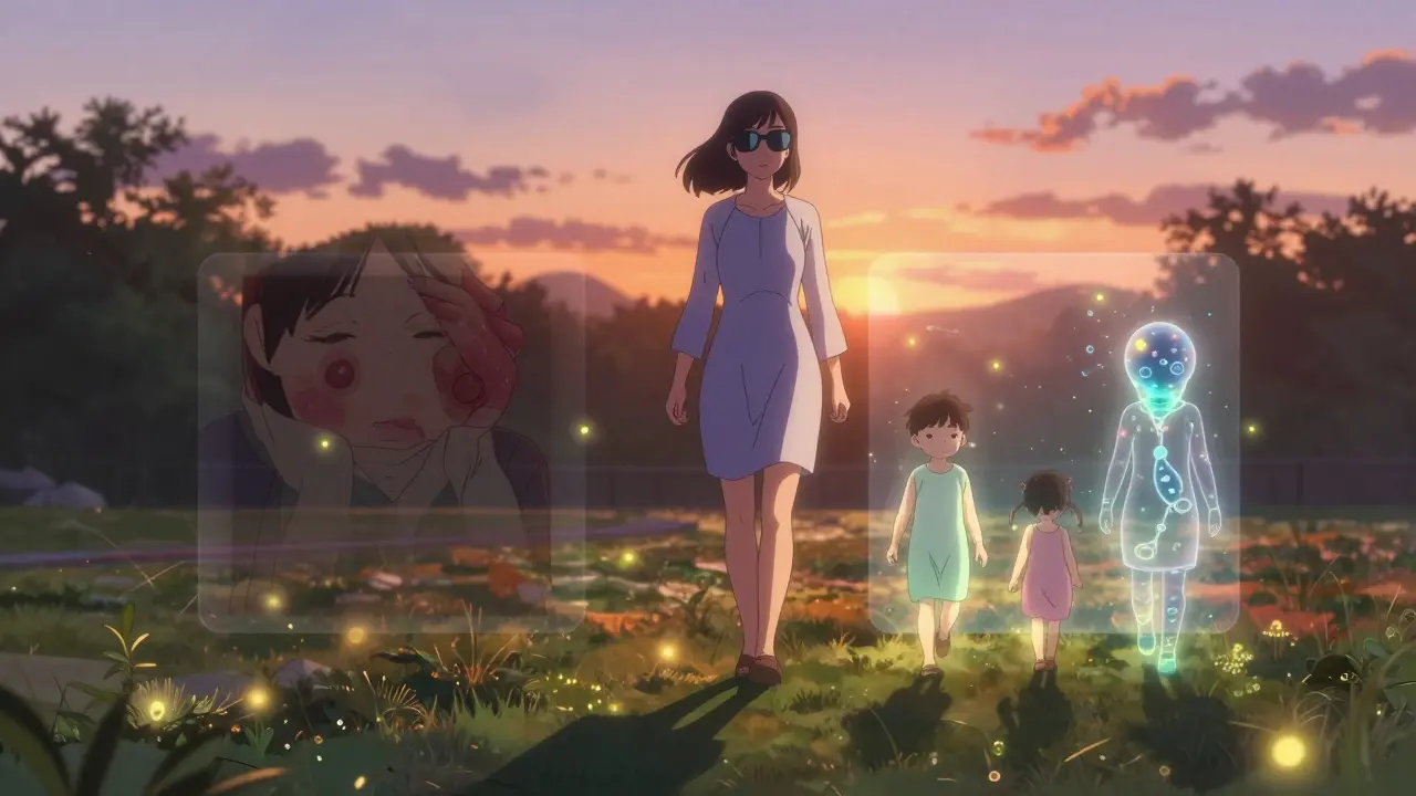 Woman walking grandchildren at sunset in protective clothing, surrounded by glowing oral protectant molecules.