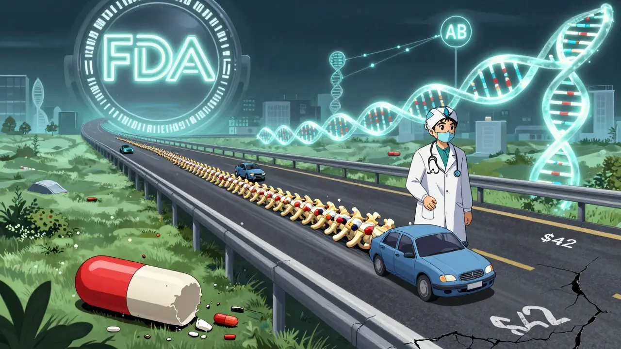 Worker's spine as a highway with generic pills racing, brand-name drug abandoned beside it.