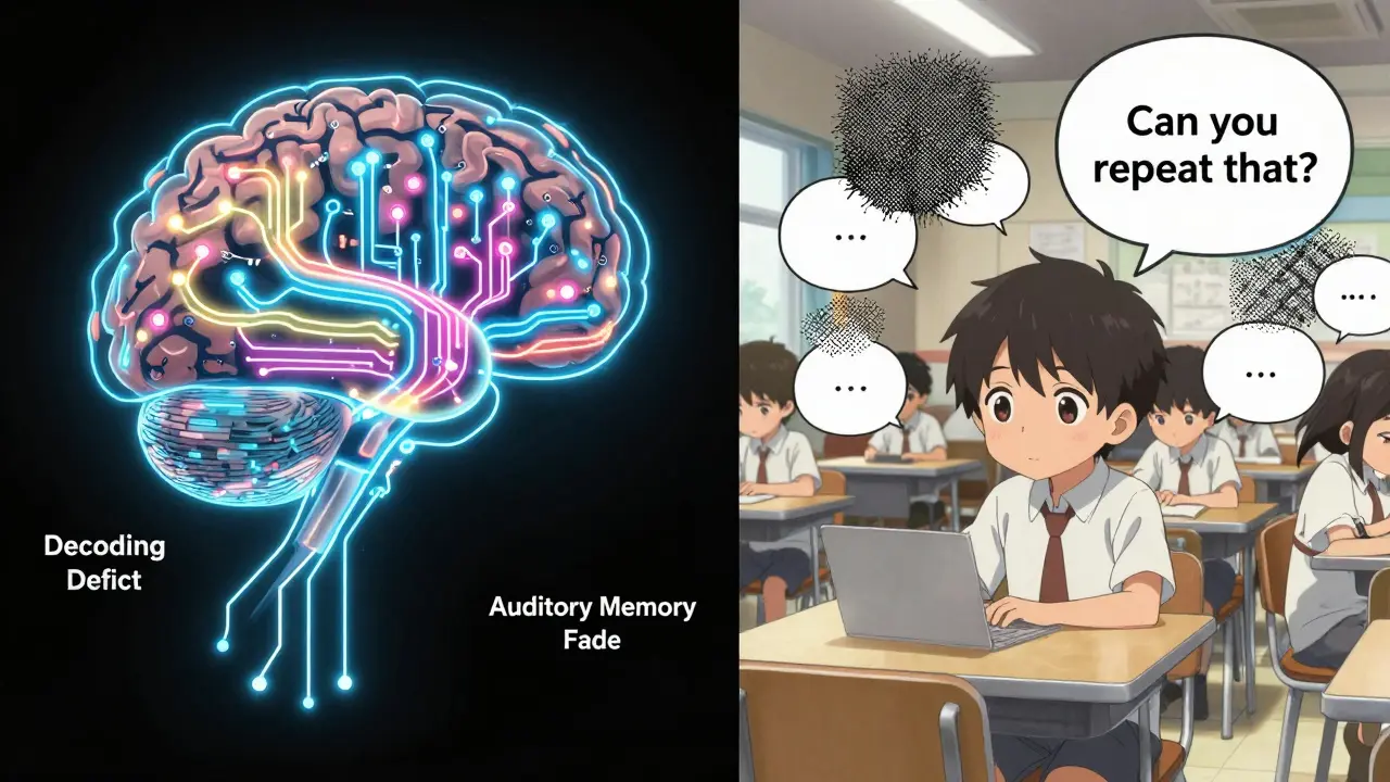 A brain circuit board with failing auditory pathways beside a noisy cafeteria scene where speech dissolves into static.