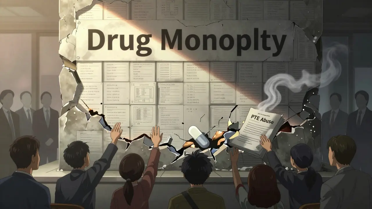 A crumbling wall of patents cracked by a biosimilar pill, patients reaching toward sunlight, corporate silhouettes watching in background.