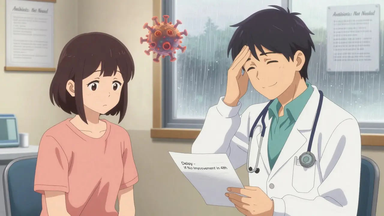 A doctor and patient share a calm moment in a clinic, with a delayed antibiotic prescription and a fading virus symbol.