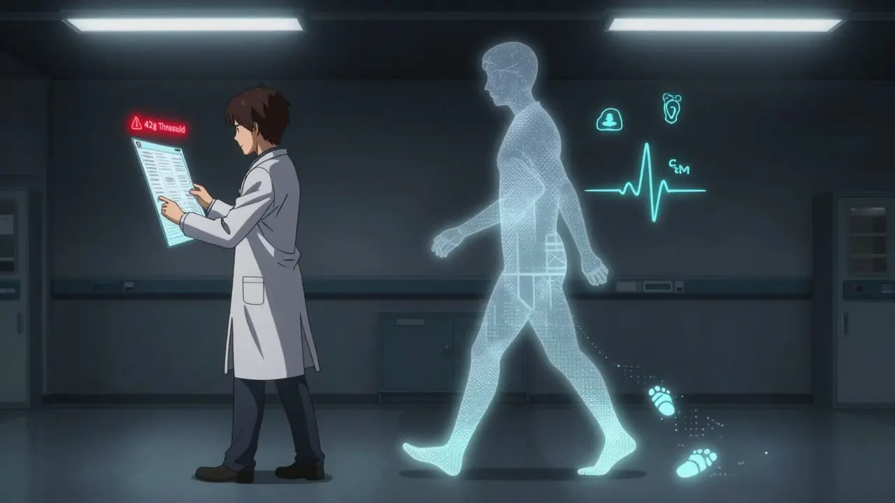 A doctor views a digital chart with a red 42g warning, while a patient's ghostly footsteps fade into static.
