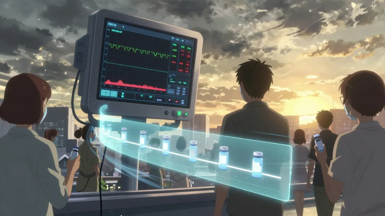 A floating medical monitor tracking immune recovery with a cityscape of masked people and vaccine vials behind.