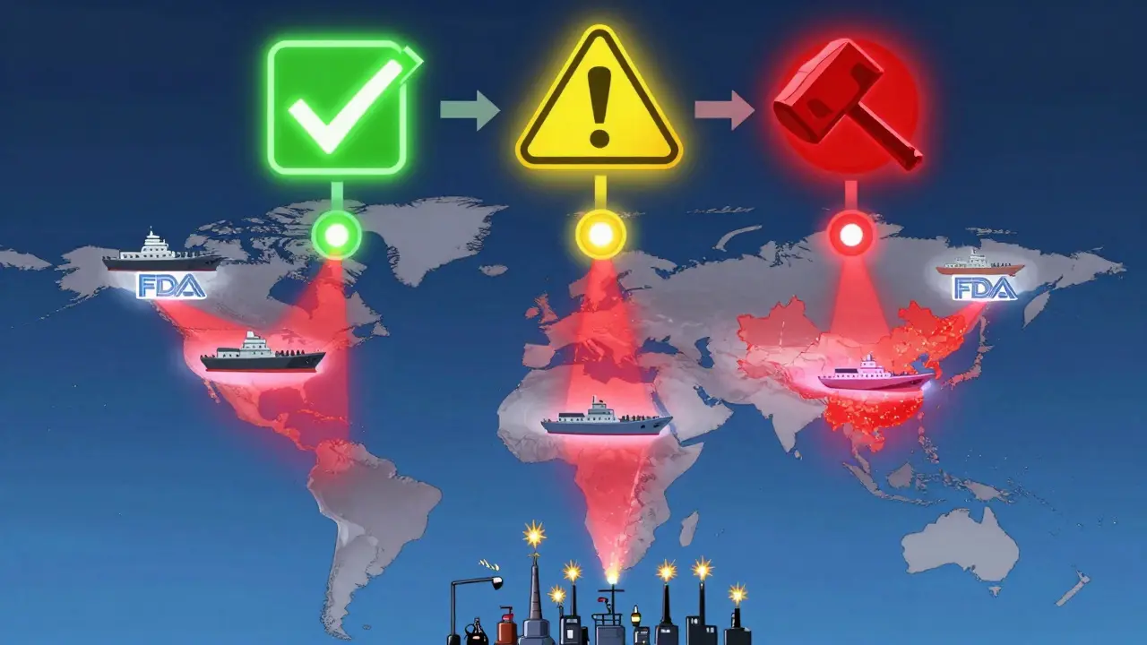A global map with red alerts radiating from drug manufacturers toward the U.S., showing the Green-Yellow-Red system.