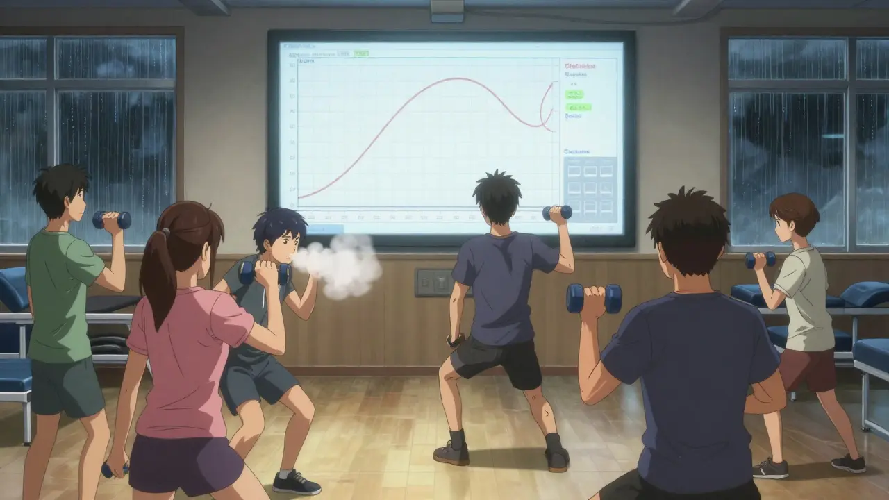 A group of people doing light weight training in a rehab center, with a CPET graph visible on a screen in the background.