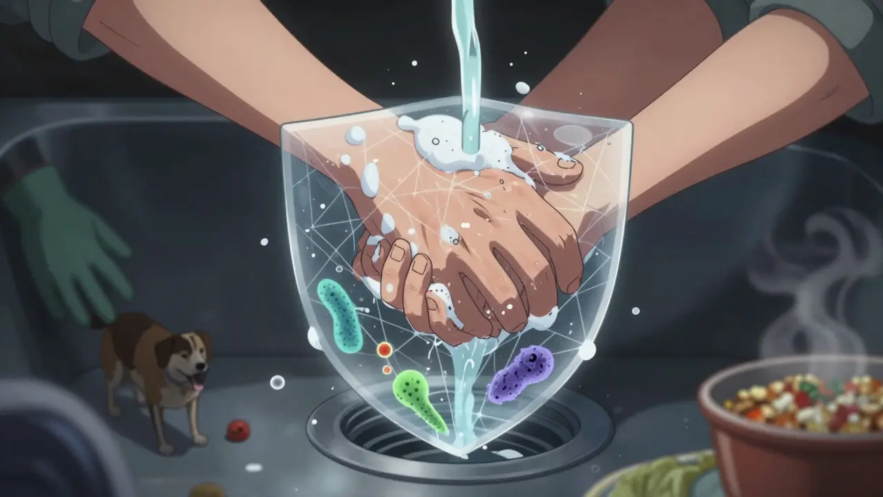 A hand washing thoroughly as dangerous microbes are washed away, with food and pet safety symbols in the background.