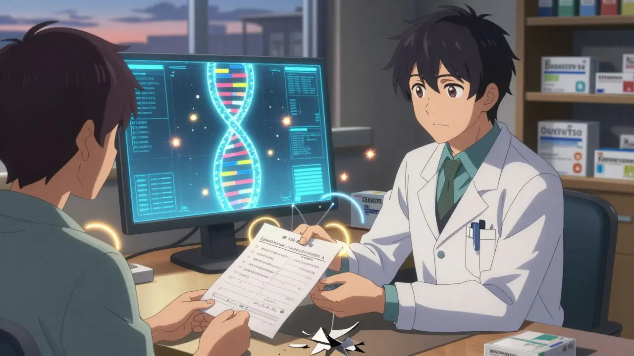 A patient sharing a symptom log with a doctor as a DNA helix glows with warnings in the background.