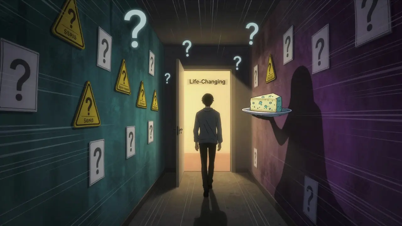 A person walks through a dark hallway of drug warnings toward a glowing door of hope.