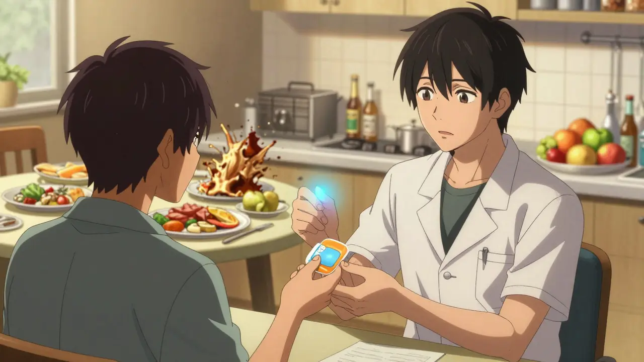 A psychiatrist hands a patch to a patient, split between chaotic and calm kitchen scenes.