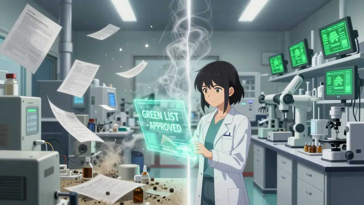 A split lab scene: chaotic old equipment vs. clean high-tech systems, symbolizing compliance vs. violation.