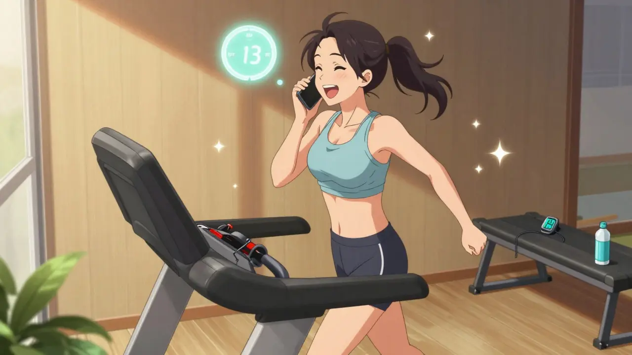 A woman walking on a treadmill, smiling and talking on the phone, with a floating Borg RPE scale showing 13 above her head.