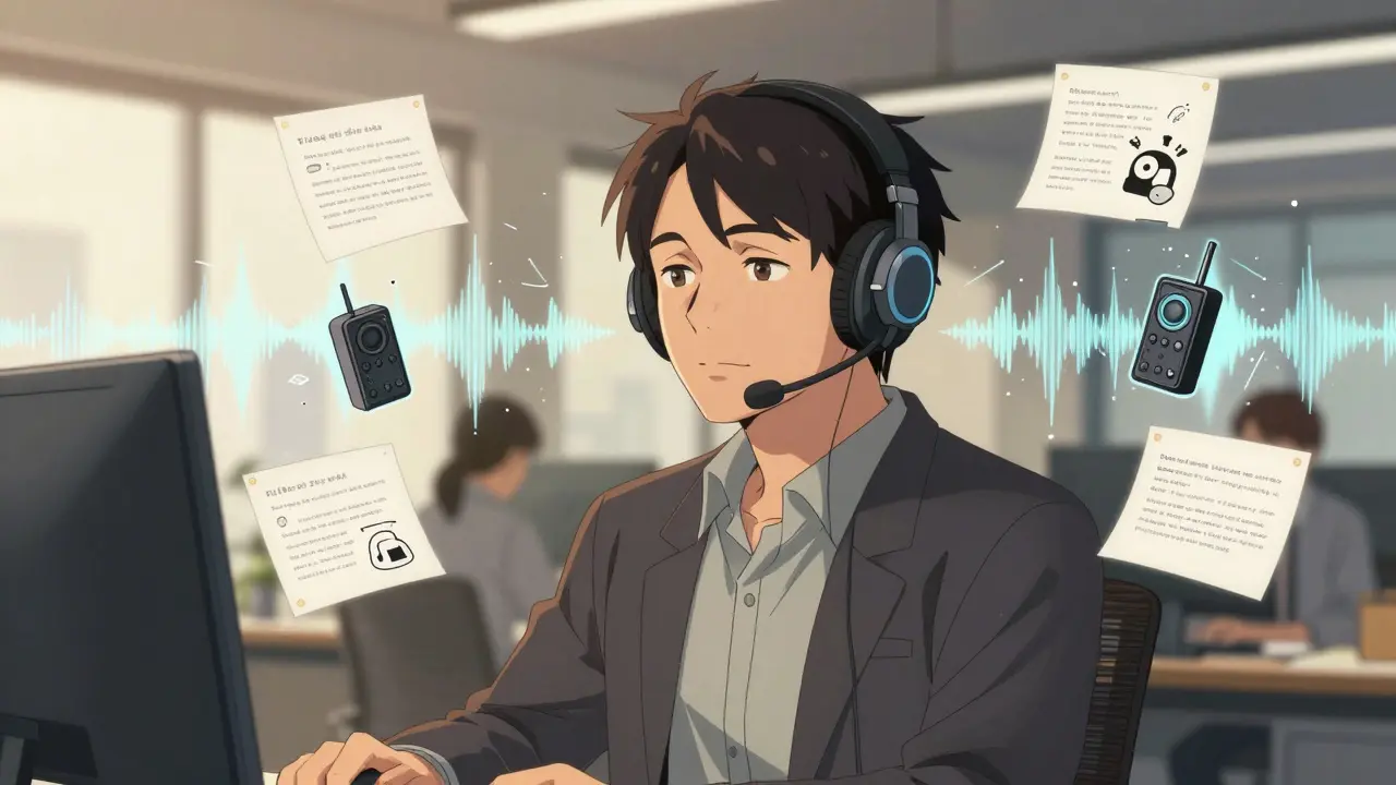 An adult in an office using visual aids and headphones to navigate overwhelming sound, symbolizing adaptive coping strategies.